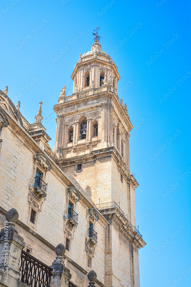 Renaissance, baroque and neoclassical style Jaen cathedral tower with blue sky on a sunny day.Andalucia,Spain.