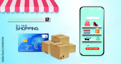 Online shopping store on website and mobile phone design. Smart business marketing concept. Horizontal view. Vector Illustration.