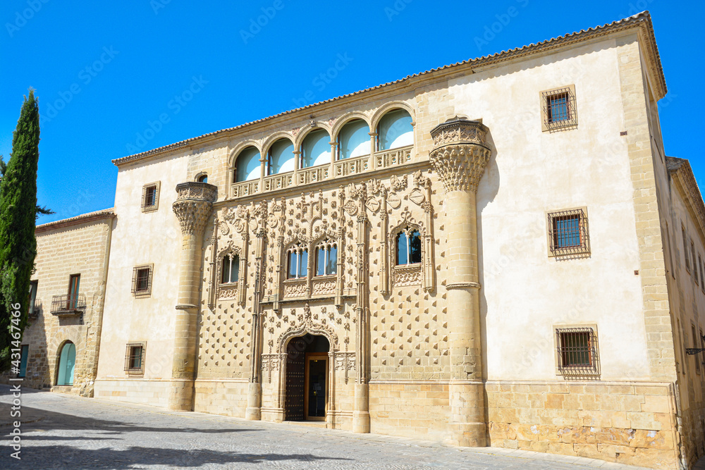 Jabalquinto Palace, current Antonio Machado headquarters of the International University of Andalusia in the city of Baeza, province of Jaén. Spain.In a sunny day with a blue Sky