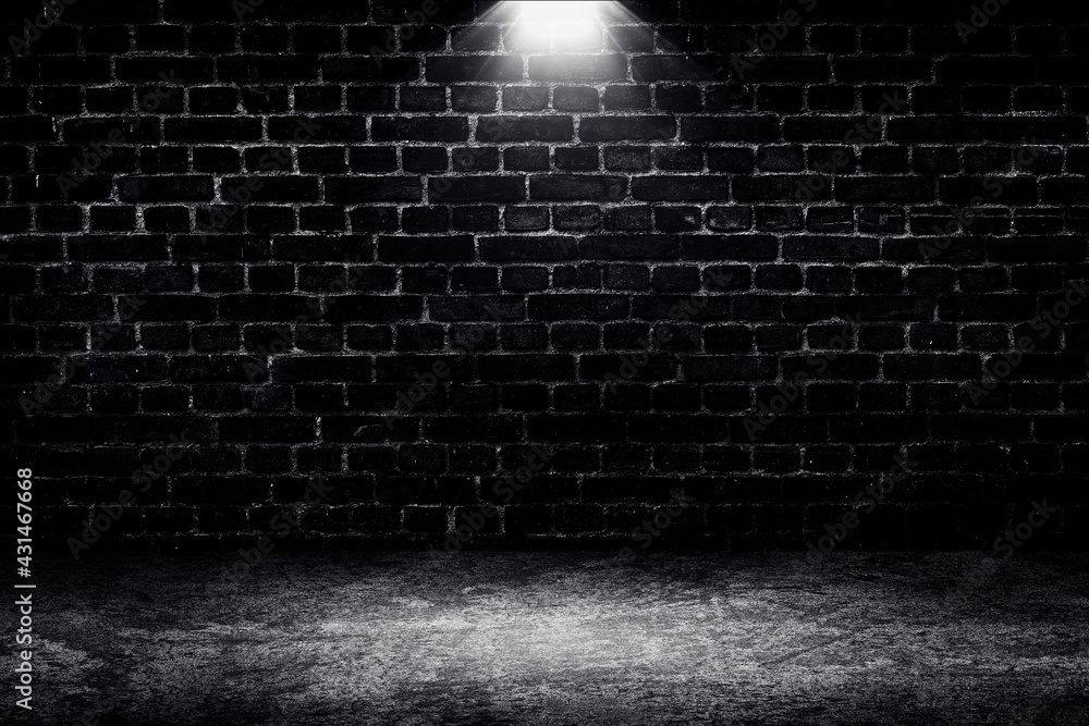 Empty space of Studio dark room black brick wall and spotlight with ...