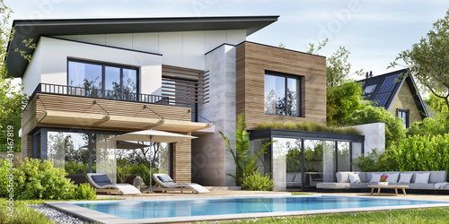 Beautiful exterior of a modern home with swimming pool and luxury patio