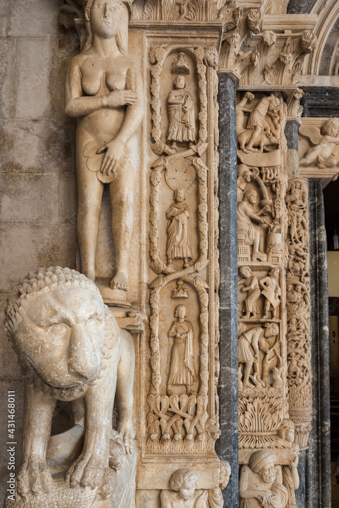 Detail of the Radovan's portal of the St Lawrence cathedral in Trogir, Croatia.
