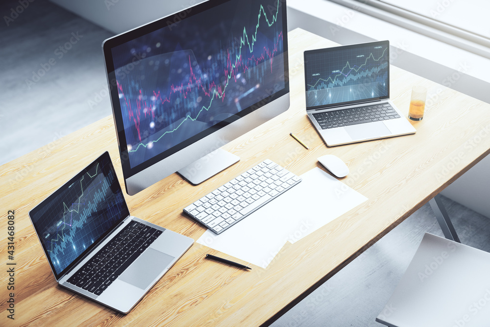 Abstract creative financial graph on modern laptop screen, forex and investment concept. 3D Rendering Abstract creative financial graph on modern laptop screen, forex and investment concept. 3D Rendering
