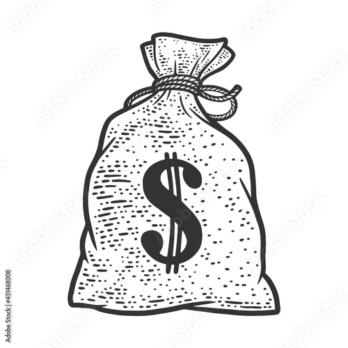 bag with money and dollar sign sketch engraving vector illustration. T-shirt apparel print design. Scratch board imitation. Black and white hand drawn image. photo