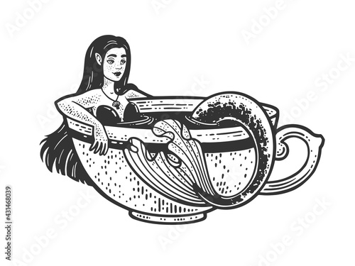 Mermaid taking a bath in cup of coffee sketch engraving vector illustration. T-shirt apparel print design. Scratch board imitation. Black and white hand drawn image.