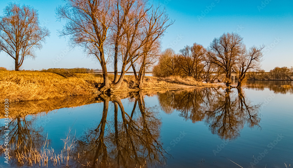 Beautiful sunny winter view with reflections near the famous Bogenberg, Danube, Bavaria, Germany