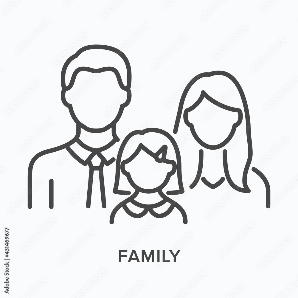 Family with little girl flat line icon. Vector outline illustration of parent. Black thin linear pictogram for wife, husband and daughter Family with little girl flat line icon. Vector outline illustration of parent. Black thin linear pictogram for wife, husband and daughter