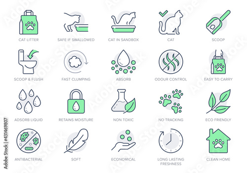 Cat litter line icons. Vector illustration include icon - sandbox, kitty tray filter, bag, biodegradable, natural outline pictogram for animal toilet absorber. Green Color, Editable Stroke