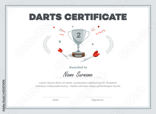 Second place darts certificate diploma with place for your content. Isolated on white background.