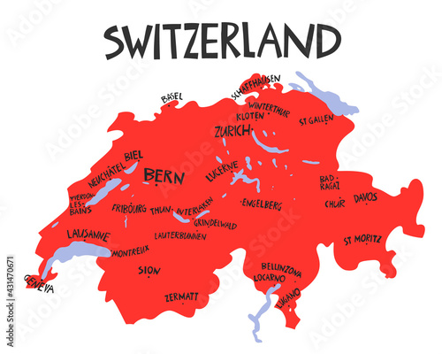 Vector hand drawn stylized map of Switzerland. Travel illustration of The Swiss Confederation cities. Hand drawn lettering illustration. Europe map element