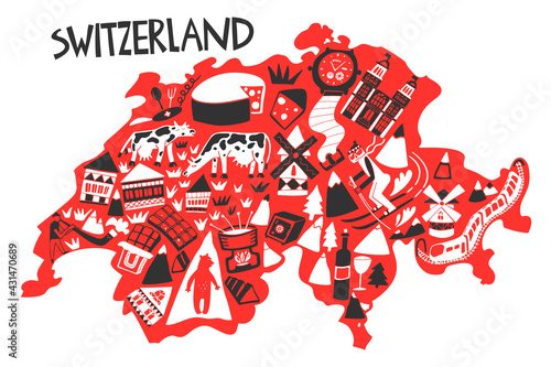 Vector hand drawn stylized map of Switzerland landmarks. Travel illustration. Geography illustration. Europe map element