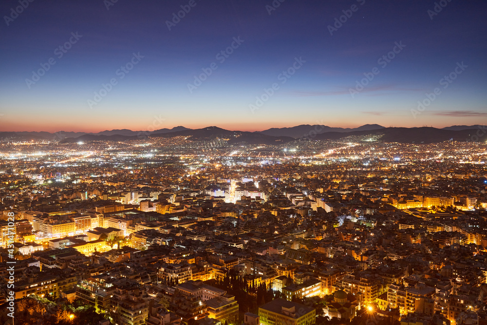 Aerial view of Athens after sunset