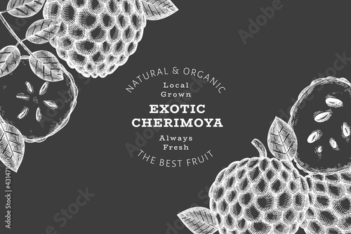 Hand drawn sketch style cherimoya banner. Organic fresh fruit vector illustration on chalk board. Botanical design template.