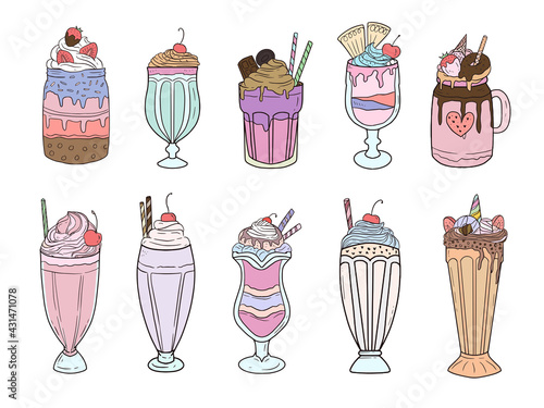 Set jar of sweet desserts with ice cream and smoothies cartoon vector art illustration icon