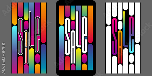 3 fonds colorés artistiques au format d’un Smartphone pour annoncer les soldes - texte anglais.