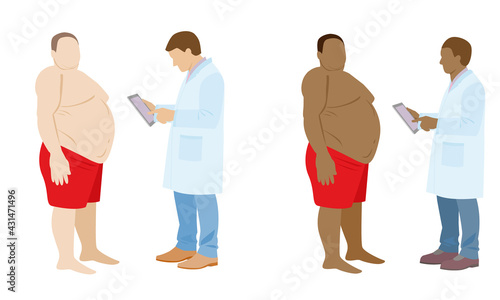 black doctor and fat patient. the doctor examines the obese patient. fat black man. stock vector illustration on white.