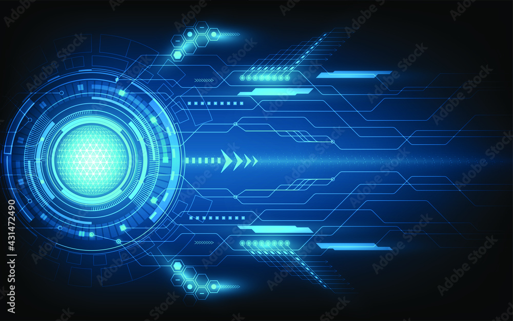 Digital circuit technology future, Futuristic system data connection interface computer on dark blue background Digital circuit technology future, Futuristic system data connection interface computer on dark blue background
