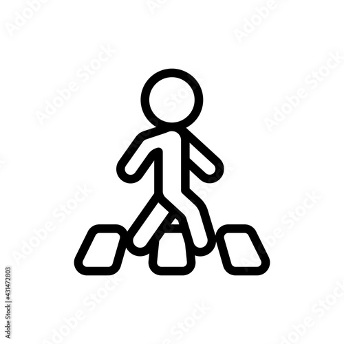 Pedestrian on crosswalk, simple sign of walking man crossing the road. Black linear icon with editable stroke on white background