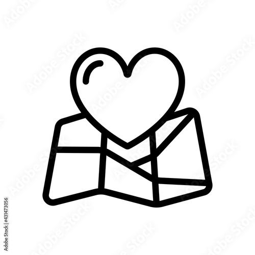 Paper map and heart, favorite addresses, loved places. Black linear icon with editable stroke on white background