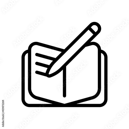 Pen and paper, literature book, published story. Black linear icon with editable stroke on white background