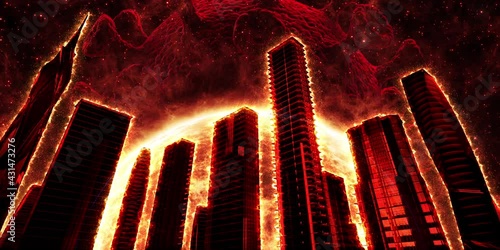 Flaming skyscrapers against the background of a red star and a coronavirus. Looping video