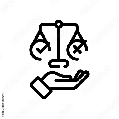 Ethic and moral of social life, scale icon. Black linear icon with editable stroke on white background