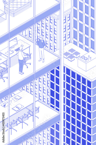 View of the office building and the city. Isometric cityscape, city view, city skyline. People at work. Vector illustration in flat design. Outlined, linear style, line art.
