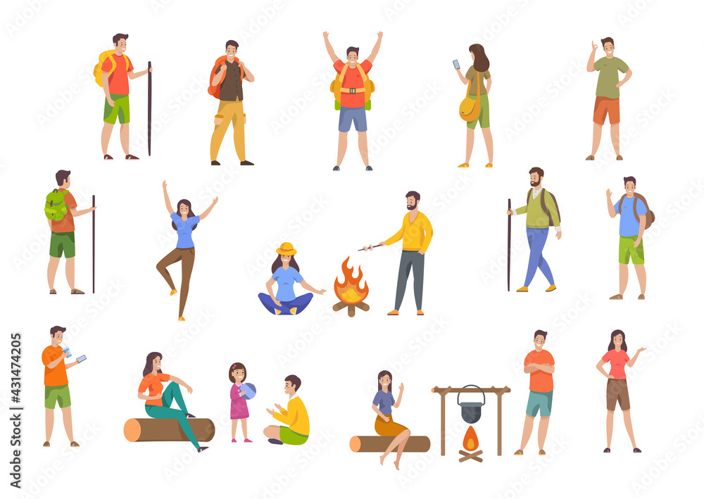 Fototapeta premium Set of tourists, backpackers, hikers. People having rest outdoors. Family travel. Male and female cartoon characters during hiking adventures. Flat vector illustrations isolated on white background