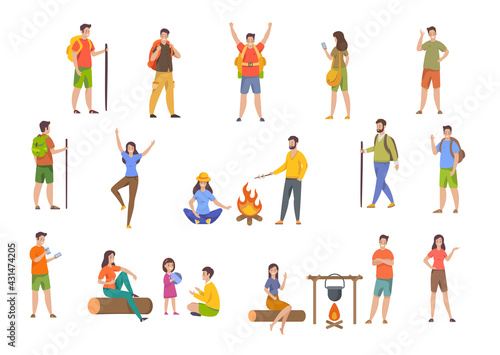 Set of tourists, backpackers, hikers. People having rest outdoors. Family travel. Male and female cartoon characters during hiking adventures. Flat vector illustrations isolated on white background