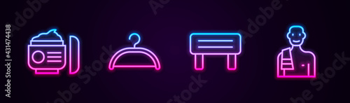 Set line Cream or lotion cosmetic tube, Hanger wardrobe, Sauna wood bench and Man in the sauna. Glowing neon icon. Vector