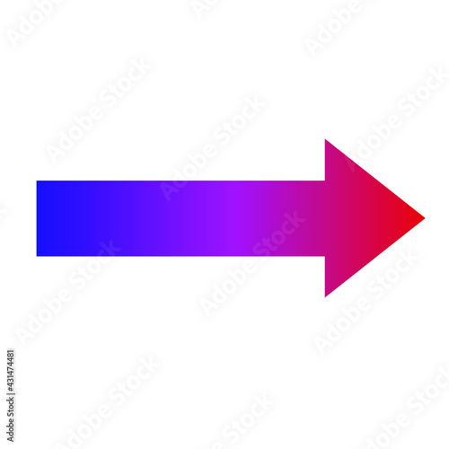 Red, pink and blue large forward or right pointing solid gradient long arrow icon sketched as vector symbol 