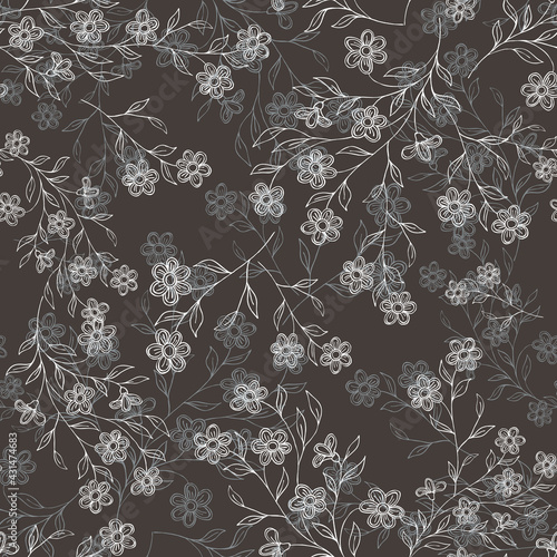 Seamless pattern with graphic flowers on dark background. 