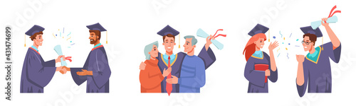 Graduation set, receiving diploma, congratulating parents, celebrating finish of collage or university, graduate ceremony. Vector flat cartoon man and woman in mortarboards and gowns, dean professor