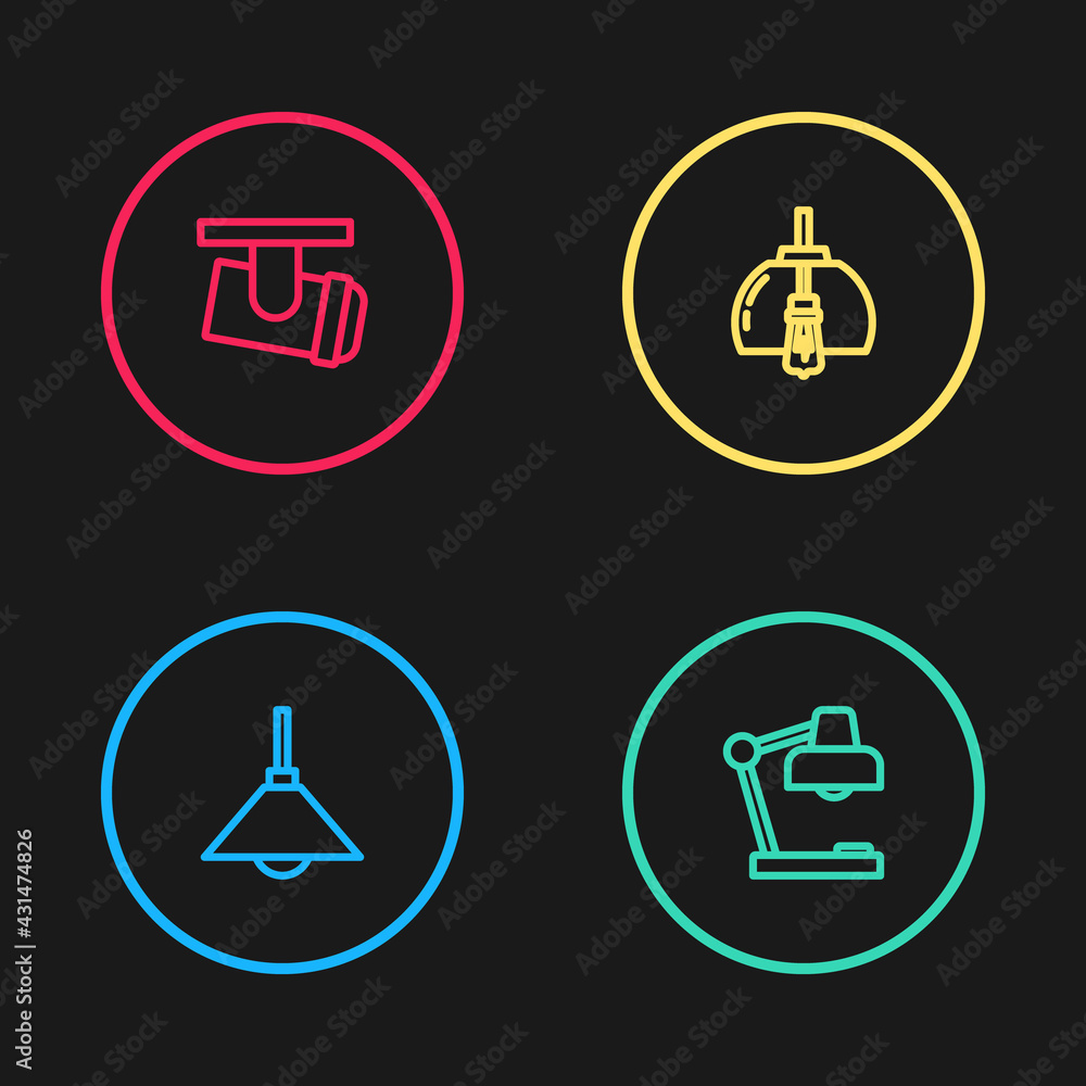 Set line Lamp hanging, Table lamp, Chandelier and Led track lights lamps icon. Vector Set line Lamp hanging, Table lamp, Chandelier and Led track lights lamps icon. Vector