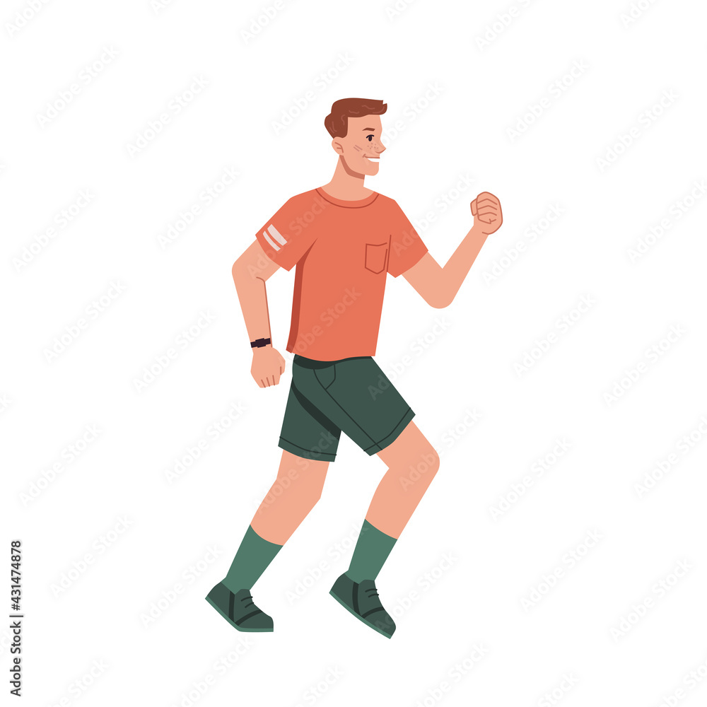 Running jogging man in casual cloth isolated flat cartoon character. Vector side view of guy with band tracker on hand. Sport trainings, sportive jogger in uniform, run workout, cardio motion exercise Running jogging man in casual cloth isolated flat cartoon character. Vector side view of guy with band tracker on hand. Sport trainings, sportive jogger in uniform, run workout, cardio motion exercise