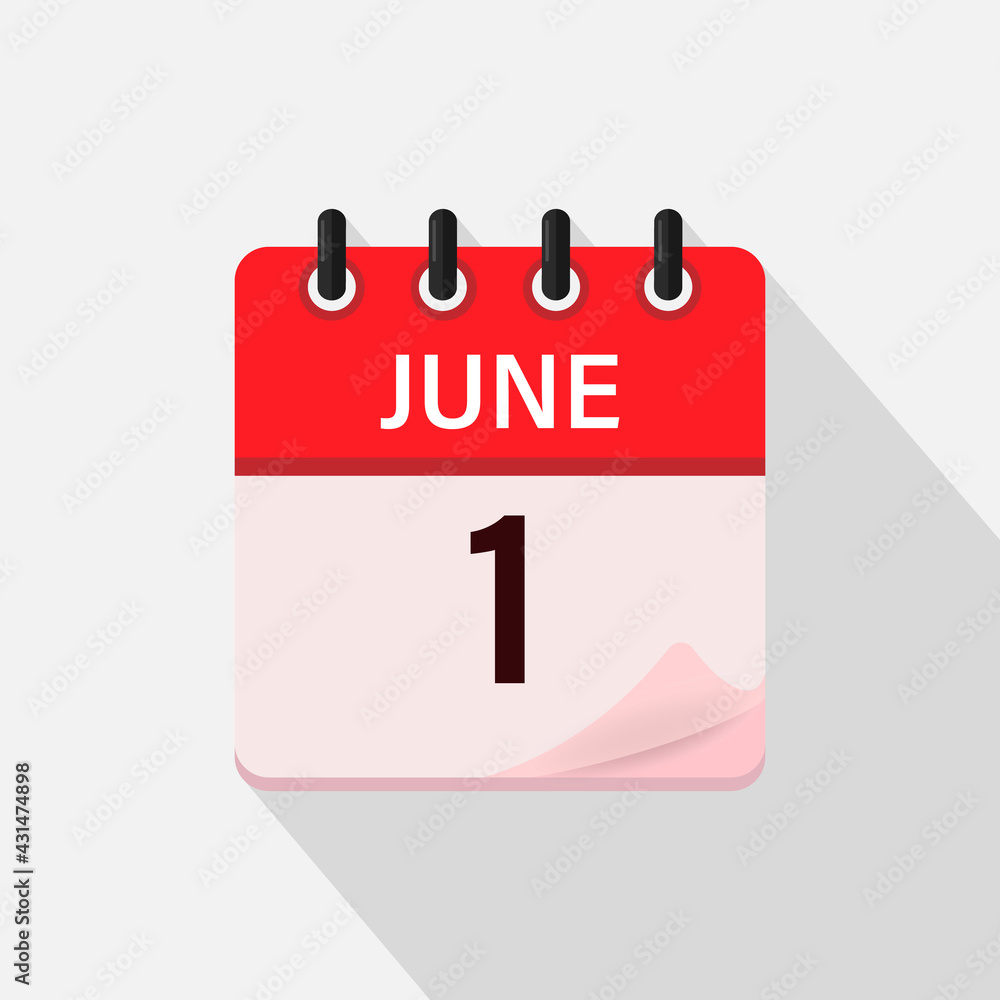 June 1, Calendar icon with shadow. Day, month. Flat vector illustration. June 1, Calendar icon with shadow. Day, month. Flat vector illustration.