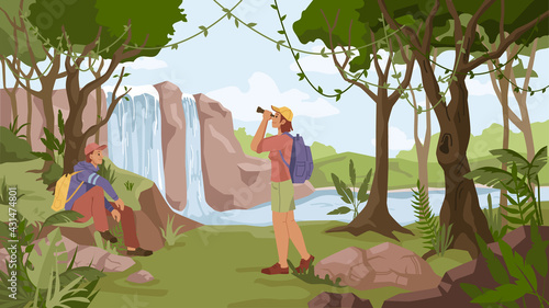 Waterfall jungle landscape and two people man sitting on rock and woman watching in binoculars with rucksack. Vector travelers and river streams, exotic forest with trees. Tropical natural scenery