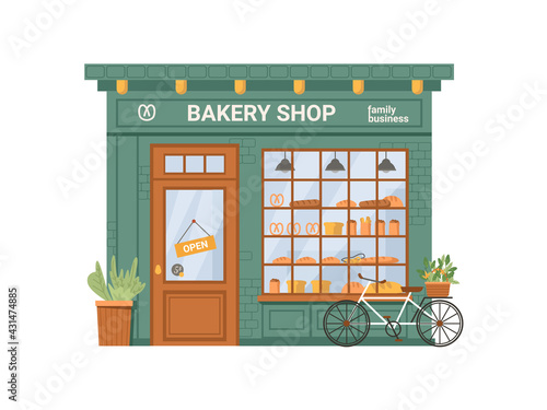 Bakery shop facade with signboard isolated flat cartoon building. Vector baking store, cafe, bread, pastry and dessert market supermarket. Showcase with bread and cakes products, bicycle and plant