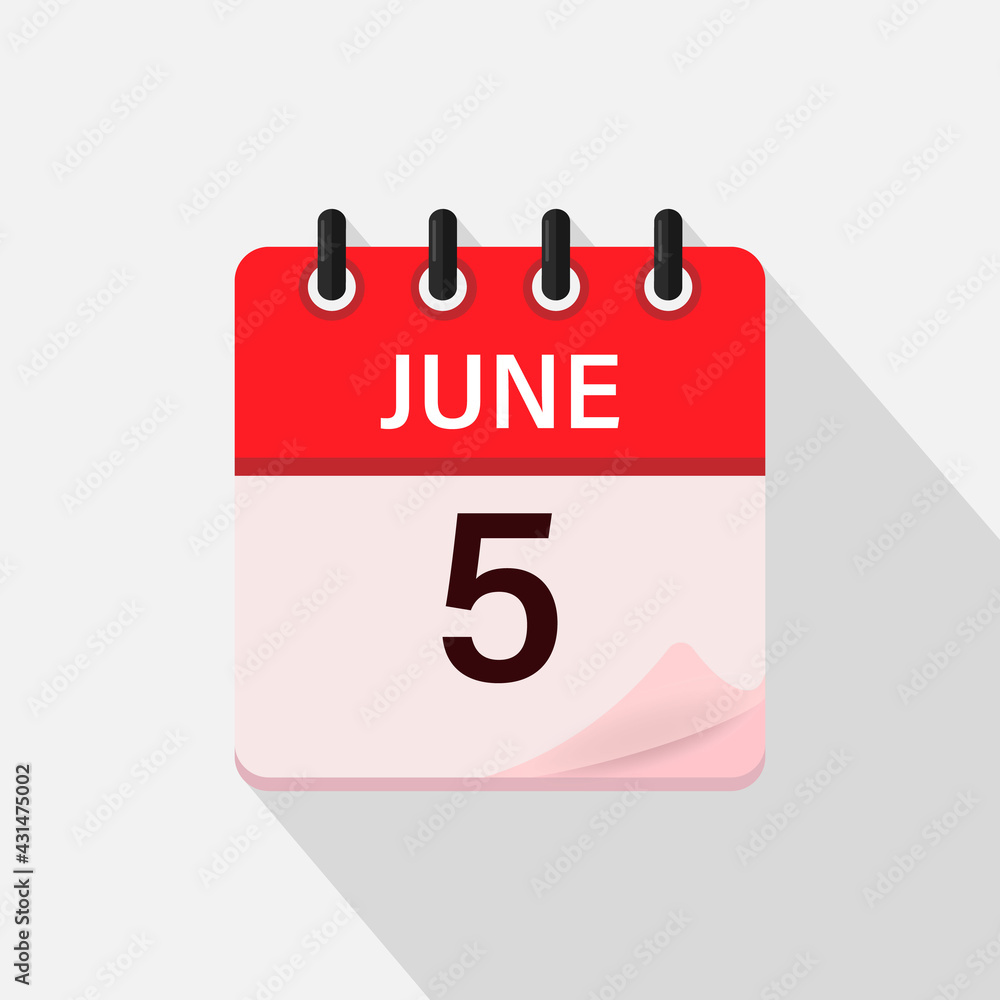 June 5, Calendar icon with shadow. Day, month. Flat vector illustration. June 5, Calendar icon with shadow. Day, month. Flat vector illustration.