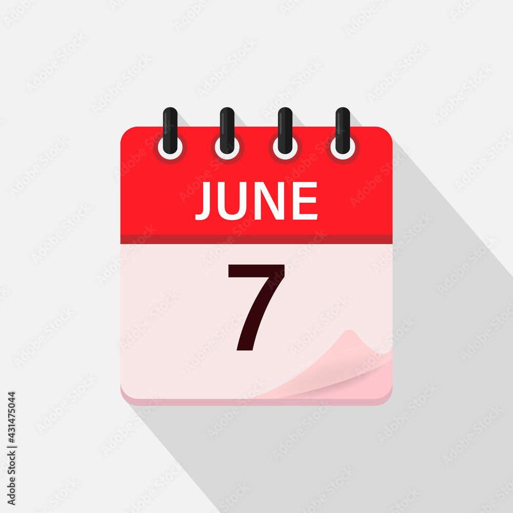 Fototapeta premium June 7, Calendar icon with shadow. Day, month. Flat vector illustration.