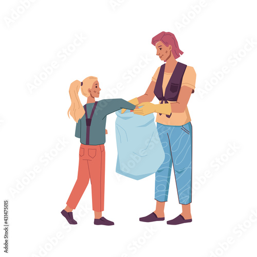 Volunteers woman and young girl gather litter into bag isolated cartoon characters. Vector mother and daughter activists gathering garbage trash, females cleaning up globe from wastes, pickup trash