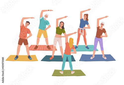 Fitness yoga classes with trainer instructor, healthy man woman doing sport exercises standing on mats, flat cartoon characters. Vector sportive people training together, workout, relaxation practice