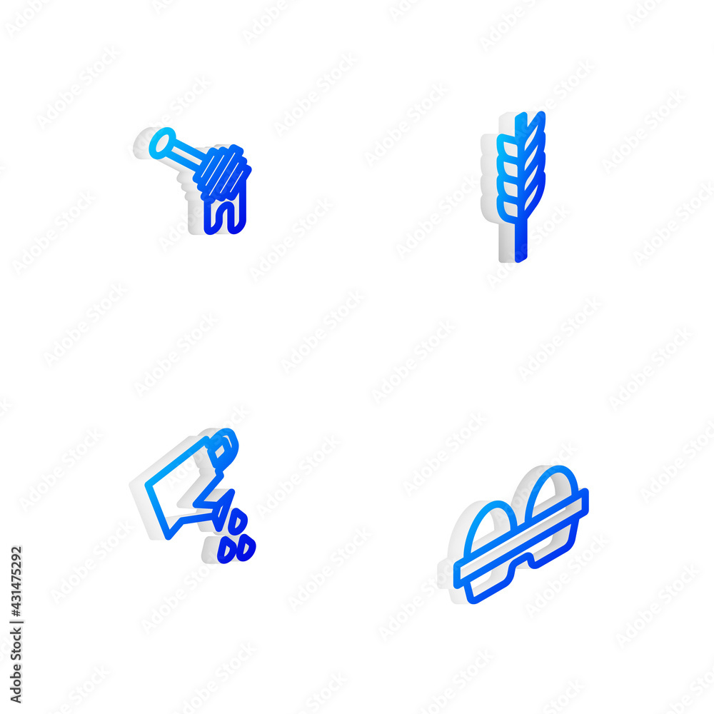 Set Isometric line Wheat, Honey dipper stick, Watering can and Chicken egg box icon. Vector Set Isometric line Wheat, Honey dipper stick, Watering can and Chicken egg box icon. Vector