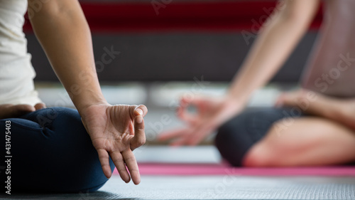 Two ladies in living room sitting on floor doing asana position one of yoga figure. Activity like Buddhism meditation help to relax. New lifestyle for girls.