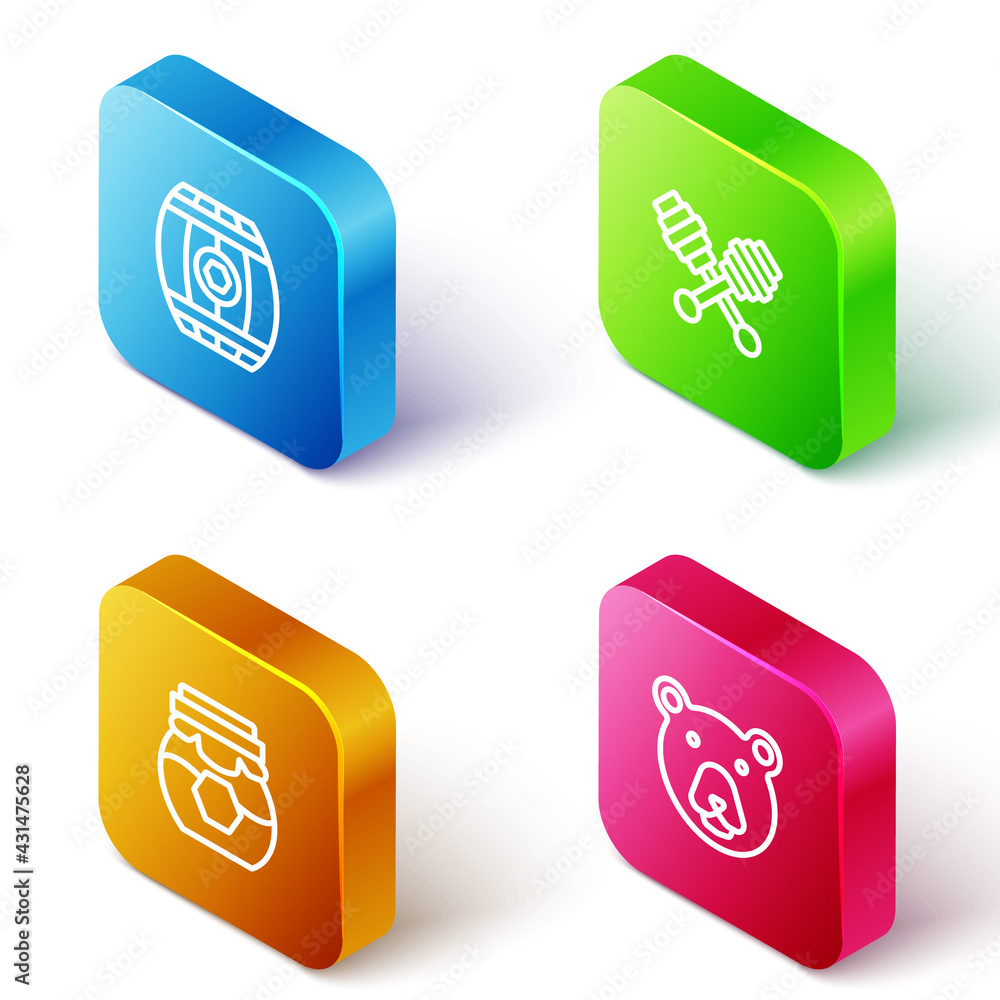 Set Isometric line Wooden barrel with honey, Honey dipper stick, Jar of and Bear head icon. Vector Set Isometric line Wooden barrel with honey, Honey dipper stick, Jar of and Bear head icon. Vector