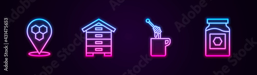 Set line Honeycomb bee location, Hive for bees, dipper stick with honey and Jar of. Glowing neon icon. Vector