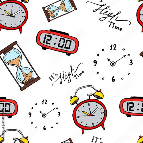 Funny doodle clocks vector seamless pattern design
