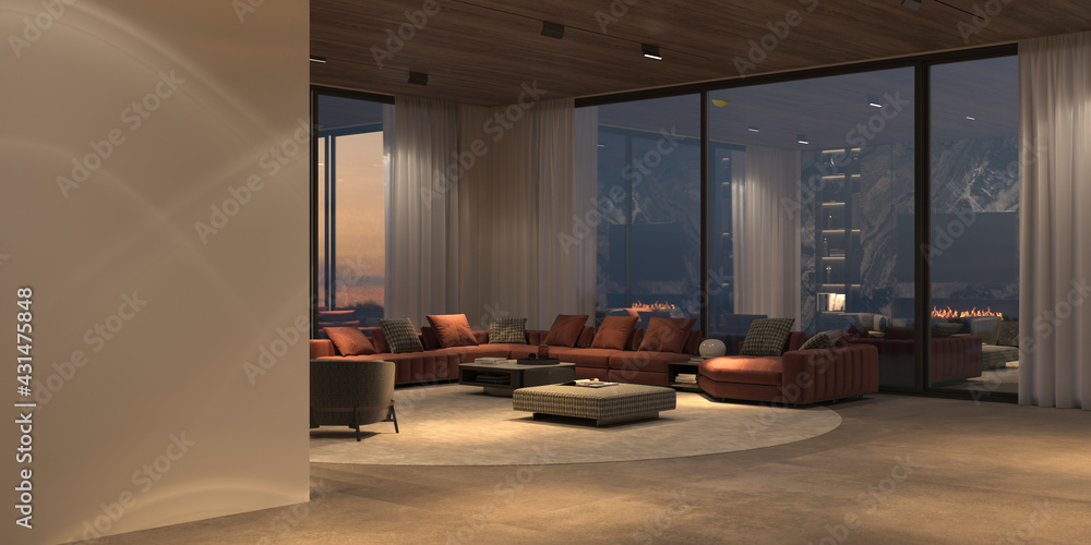 Modern luxury beautiful interior with panoramic windows and nature view ...
