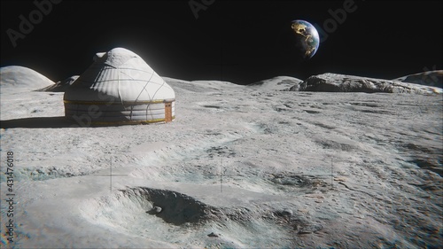 Yurt on the moon. There is earth in the sky. From the realm of fantasy. 3d illustration.