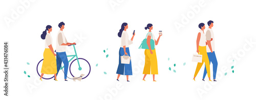 People performing summer outdoor activities. Shopping, walking, drinking and texting from phone.